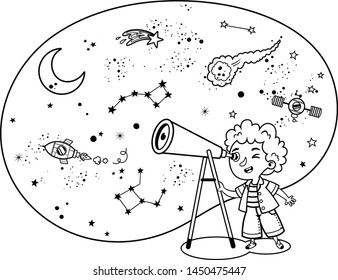 Black and white science loving kid observes space. Isolated vector illustration.