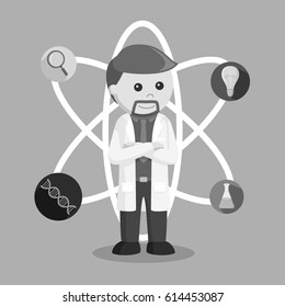 black and white scientist with scientific icon black and white style