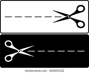 black and white scissors with cut lines on white background