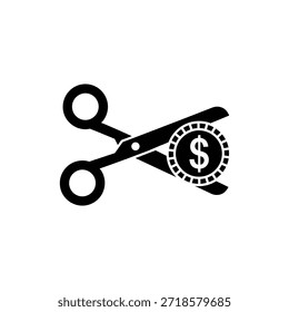 Icono de reducción de Precio de moneda de corte de tijeras en blanco y negro