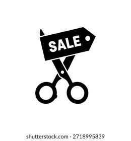 Icono de tijeras en blanco y negro que representa el concepto de venta o corte de Precio