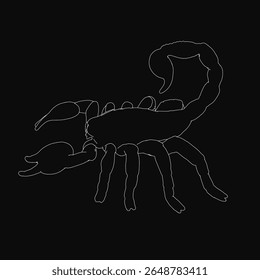 Um desenho de escorpião preto e branco se destaca com contornos brancos nítidos contra um fundo escuro. A ilustração detalhada destaca o corpo segmentado da criatura, cauda curva.
