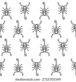 Black and white scorpion vector hand drawing seamless pattern design. Reptile animal in outline linear graphic wallpaper. Scorpio zodiac sign monochrome repeat background. Scorpion minimal print.
