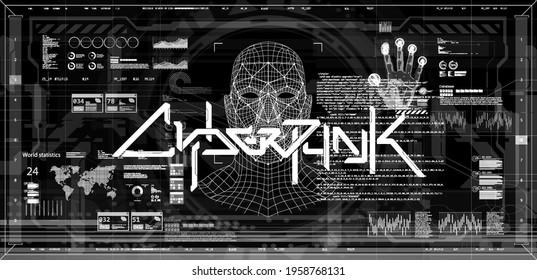 Black and white screen banner concept cyberpunk with HUD interface and scan palm, face and fingerprint. Banner with lettering and elements scifi design. Cyberpunk art. Digital vector illustration HUD