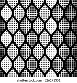 Black and white screen, grid pattern, trellis, mesh. Monochrome geometric seamless pattern.