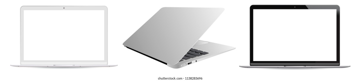 Black and white screen notebook pc mockup. Realistic Vector illustration of laptop device isolated on white background. Front and isometric laptop view. EPS10