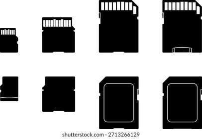 Schwarz-weiße SD-, miniSD- und microSD-Speicherkarten mit Adapter ohne Hintergrund.