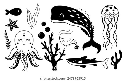 Black and white sea animal clipart. Ocean clipart in cartoon flat style. Nautical doodle. Hand drawn vector illustration