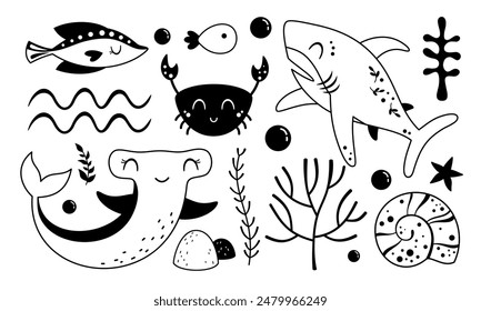Black and white sea animal clipart. Ocean clipart in cartoon flat style. Nautical doodle. Hand drawn vector illustration