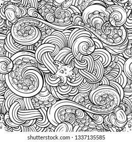 Black and white sea doodles vector seamless pattern