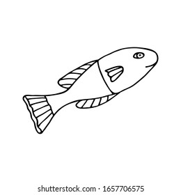 Black and white sea fish vector doodle cartoon sketch illustration. Isolated underwater object on white background for panorama, print, shirt, kid, baby, swimming pool, game, app and stickers.