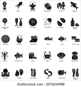 Black and white Sea food flat vector icon collection set