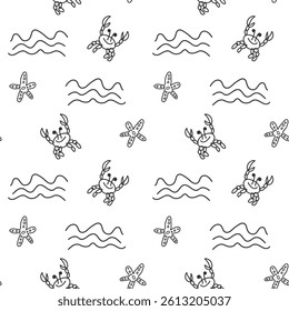 Black and white sea life doodle seamless pattern with crabs starfish sea waves. Summer child drawings. Marine design in minimalist style. Great for children print, packaging, backgrounds, fabric