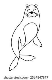 Black and white Sea lion clipart. Cute Arctic animal clipart. Hand draw vector illustration in flat style