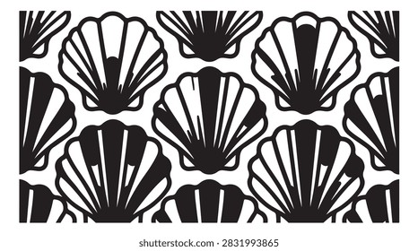 black and white sea shell seamless vector pattern decorative marine motif graphic design for textile fabric wallpaper and background