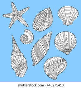 Black, white sea shells for coloring book on blue background