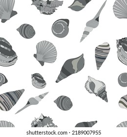Black and white sea shells vector pattern. Seamless. 