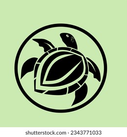 Black and white sea turtle vector logo illustration cartoon illustration on green background