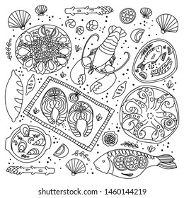 Black and white seafood vector concept. Sea market doodle illustration. Salmon steak, lobster, oyesters, fried fish, octopus, mussels.