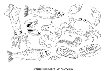 Vector De Mariscos Blanco Y Negro Iconos Lineales De Pescado, Cangrejo, Calamares, Camarones Y Mariscos, Para Diseños De Temática Culinaria