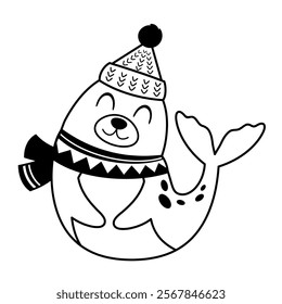 Black and white Seal clipart. Cute Arctic animal clipart. Hand draw vector illustration in flat style