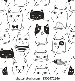 Black and white seamles pattern with cute cats in the pool. Endless wallpaper for coloring book. Vector illustration with pets and fish in the water.