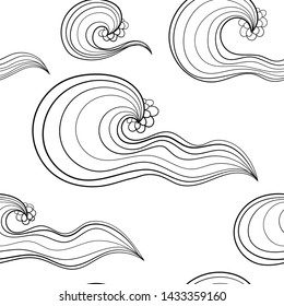 Black and white seamles pattern with oceanic waves for coloring. Endles texture for colorig books, backgrounds, wrapping and textile print.