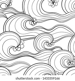 Black and white seamles pattern with oceanic waves for coloring. Endles texture for colorig books, backgrounds, wrapping and textile print.