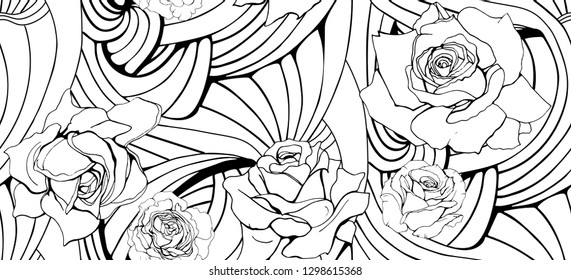 Black and white Seamless abstract hand-drawn pattern with isolated elements. Zen art. Wavy background with roses. Design for relaxation, adult antistress coloring. Print for flyers, wallpaper, cloth. 