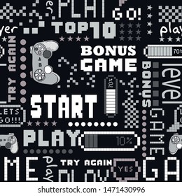 Black and white seamless abstract pattern in pixel game style. With dice, words, for boys. Textiles, print, t-shirts, web