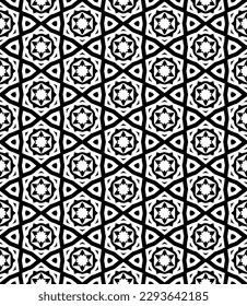 Black and white seamless abstract pattern. Background and backdrop. Grayscale ornamental design. Mosaic ornaments. Vector graphic illustration. EPS10.