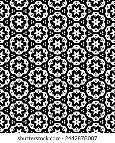 Black and white seamless abstract pattern. Background and backdrop. Grayscale ornamental design. Mosaic ornaments. Vector graphic illustration. EPS10.