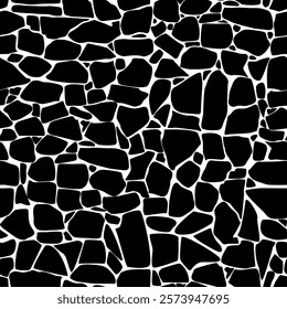 black and white seamless abstract pattern composed of small irregularly shaped stones.  mosaic effect. The texture is rough and uneven, the overall effect is a textured abstract design.
