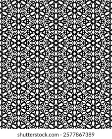 Black and white seamless abstract pattern. Background and backdrop. Grayscale ornamental design. Mosaic ornaments. Vector graphic illustration. EPS10.