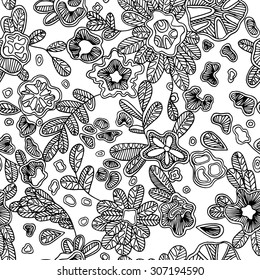 Black and white seamless abstract pattern with hand-drawn flowers, vector illustration. Floral endless pattern will look great on fabric, wrapping paper, any types of textile or other surface design. 