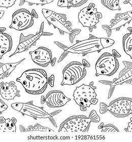 Black white Seamless animal Doodle pattern. Set of isolated outline cartoon vector fish, tang, flounder, tuna, ocean burrfish, sea marlin. Illustration for coloring children's book or prints