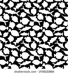 Black white Seamless animal Doodle pattern. Set of isolated outline cartoon vector fish, tang, flounder, tuna, ocean burrfish, sea marlin. Silhouette monochrome Illustration for prints or backgrounds