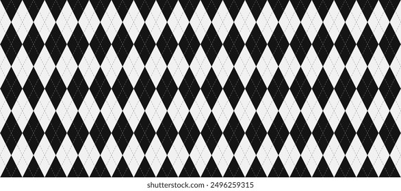 Black and white seamless argyle pattern. Rhombus repeated texture background. Diamond forms and stitches for textile design, fabric print, wrapping paper, clothes pattern design. Vector wallpaper