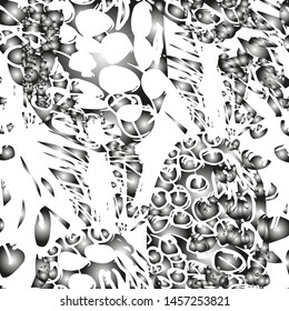 Black and white seamless background with abstract forms of tropical fruits pineapples with gradient effect. Vector graphic design. 