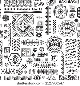 Black and white seamless background African art decoration tribal geometric shapes pattern. Pen and ink drawing of ancient ethnic traditional symbols. Hand-drawn oriental elements in doodle style.
