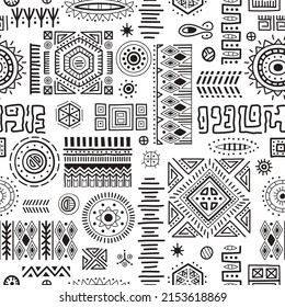 Black and white seamless background African art decoration tribal geometric shapes pattern. Pen and ink drawing of ancient ethnic traditional symbols. Hand-drawn oriental elements in doodle style.