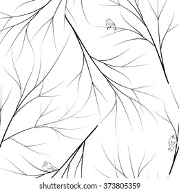 black and white seamless background with branches and birds