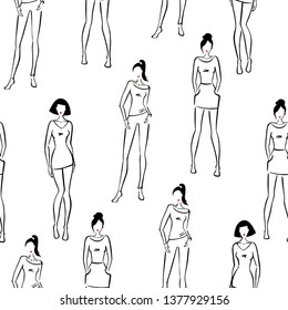 Black and White seamless background. Different silhouettes of fashion models. Sketch. Vector illustration