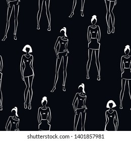 Black and White seamless background. Different silhouettes of fashion models. Doodle. Vector illustration