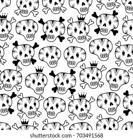 Black and white seamless background with funny skulls. Vector illustration for coloring.