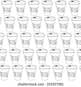 Black and white seamless background with hand drawn cartoon sketch coffee cups