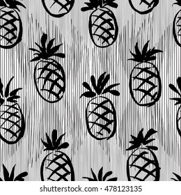 Black and white seamless background with hand drawn pineapples. Pattern with tropical fruits. Good for backgrounds, fashion textile, Hawaiian fabric. Print for kitchen and cafe stuff