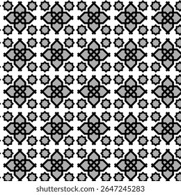 black and white seamless background, Islamic or Middle Eastern, repeating geometric pattern, eight pointed star shapes, flower or clover, floral, quatrefoil shapes, Islamic geometric art