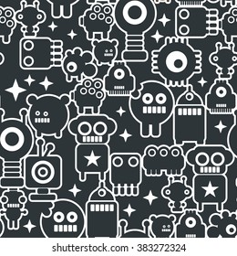 Black and white seamless background with monsters from the space. Vector pattern of little robots, cute and friendly.