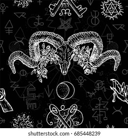 Black and white seamless background with mystic, alchemical and freemason symbols and devils head with horns. Occult and esoteric vector illustration, gothic pattern